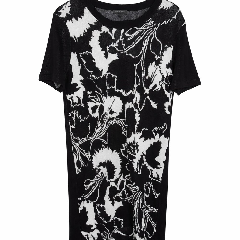 rag & bone Liberty Black White Knit Flower Print Short Sleeve Shift Dress Small - Picture 2 of 4